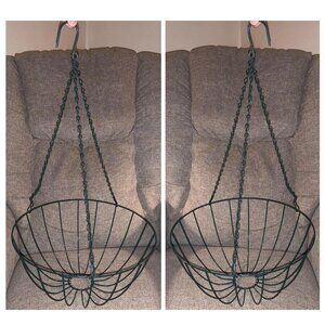 Green Wire Metal Round Hanging Baskets Planters Porch Flowers Rustic (Set of 2)